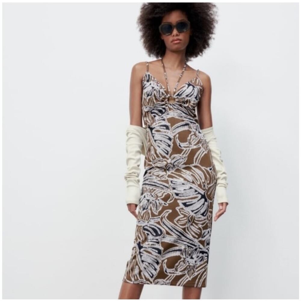 Zara Brown Floral Halter Midi Dress Size M Cut Out Bodycon Stretch Festival Y2K